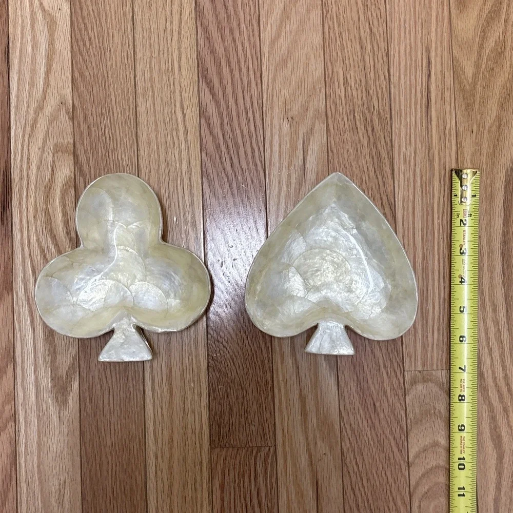 2 Vintage Mother of Pearl Inserts in Wood Nut‎ Candy Bowls Dishes Club & Spade
